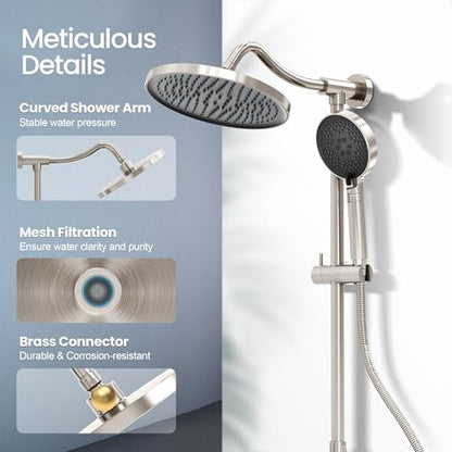 Rainshower Head with Handheld Spray, Retrofit Shower System | Solid Brass Connecter, High Pressure Shower Head with Adjustable Holder& Tub Spout, 60" Stainless Steel Hose, Brushed Nickel