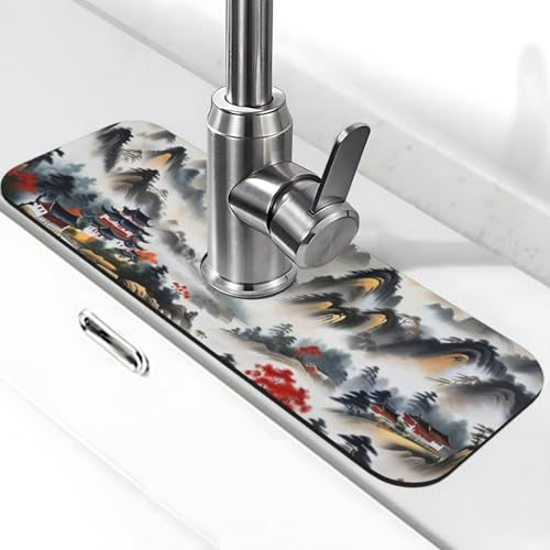 Chinese Sun Mountain Tower Garden Fashion Kitchen sink faucet pad, strong water absorption, anti slip, easy to clean, very suitable for splash and drip prevention, suitable for kitchens and bathrooms - color: Chinese Sun Mountain Tower Garden Fashion