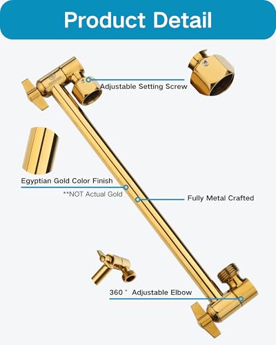 11 Inch Adjustable Shower Head Extension Arm With Locking Set Screw, Singing Rain 304 Stainless Steel Egyptian Gold Angle Height Adjustable, G1/2 Universal Connector Compatible (Egyptian Gold) - color: 5. Egyptian Gold, style: 11 inch