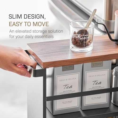 YAMAZAKI home Tower Rolling Slim Storage Cart With Handle Black | Narrow kitchen storage cabinet with built-in handle. Slim rolling storage cart with wheels. Easy assembly. Keeps items tidy. - color: Black