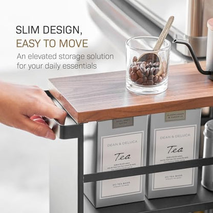 YAMAZAKI home Tower Rolling Slim Storage Cart With Handle Black | Narrow kitchen storage cabinet with built-in handle. Slim rolling storage cart with wheels. Easy assembly. Keeps items tidy. - color: Black