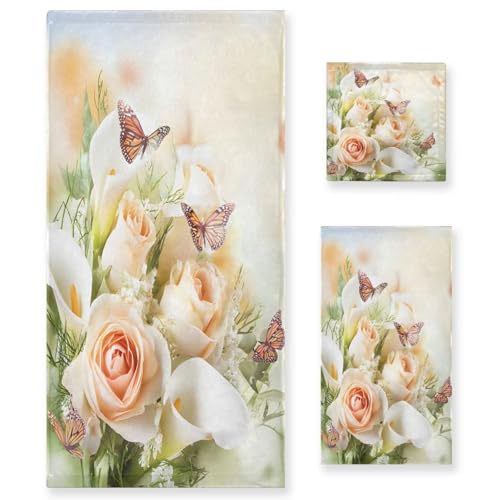 Towel Bathroom Sets, Bouquet Yellow Roses And White Calla Lilies Butterfly Towels 3-Piece 1 Bath Towel 1 Washcloth 1 Hand Towel, Bath Towel Set of 3 Soft Multifuntion for Home Kitchen Hotel Gym Swim S - color: Multi06