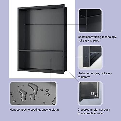 Shower Niche, 16"x20" No Tile Needed, The Insert Storage Rectangle Double Shower Shelf is Easy to Install, Stainless Steel, Black Grey - size: 16"x20"