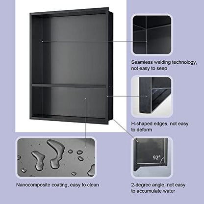Shower Niche, 16"x20" No Tile Needed, The Insert Storage Rectangle Double Shower Shelf is Easy to Install, Stainless Steel, Black Grey - size: 16"x20"