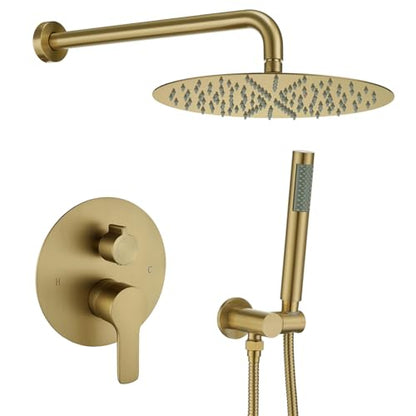 Iriber Brushed Gold Shower System Wall Mounted Shower Faucet Mixer Set with 12 Inches Rain Shower head and Handheld, Bathroom Modern Rainfall Shower Trim Kit (Contain Valve Cartridge) - color: Brushed Gold 02