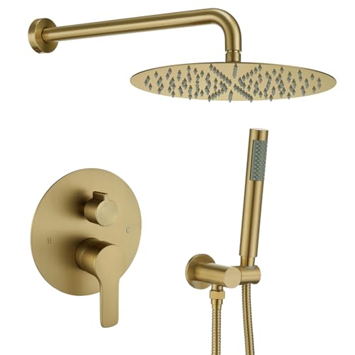 Iriber Brushed Gold Shower System Wall Mounted Shower Faucet Mixer Set with 12 Inches Rain Shower head and Handheld, Bathroom Modern Rainfall Shower Trim Kit (Contain Valve Cartridge) - color: Brushed Gold 02