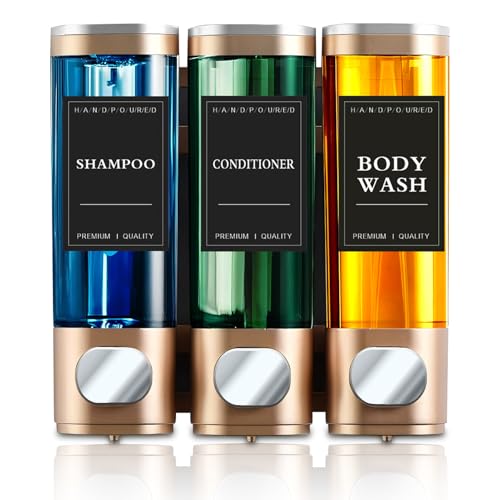 Shampoo and Conditioner Shower Soap Dispenser, No Drill 3 * 300ml | Press Liquid Soap Dispenser, Wall Mounted No Drill Shampoo Dispenser for Kitchen Bathroom Hotel (Gold)