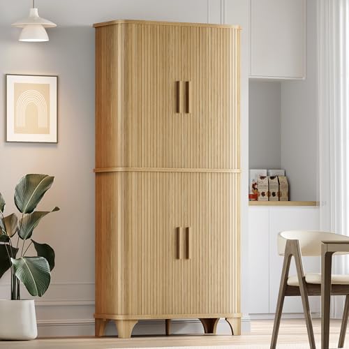 Decofy 69" Tall Kitchen Pantry Storage Cabinet with Sliding Door, Modern Curved Edge Pantry Storage Cabinet with 5 Shelves, Cupboard for the Kitchen, Dining Room, Bedroom, Living Room, Office (Oak) - color: Oak