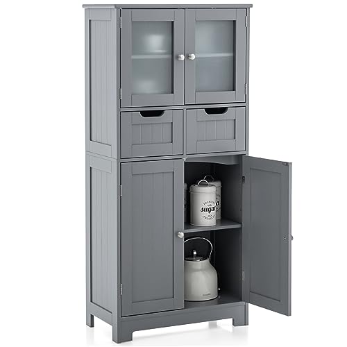 COSTWAY Bathroom Storage Cabinet, Freestanding Bathroom Organizer with Glass Doors, 2 Drawers and 2 Adjustable Shelves, Tall Linen Floor Cabinet for Bathroom, Living Room, Kitchen (Gray) | with Glass Doors, 2 Drawers & 2 Adjustable Shelves, Wooden Linen F
