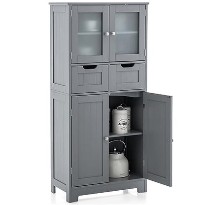 COSTWAY Bathroom Storage Cabinet, Freestanding Bathroom Organizer with Glass Doors, 2 Drawers and 2 Adjustable Shelves, Tall Linen Floor Cabinet for Bathroom, Living Room, Kitchen (Gray) | with Glass Doors, 2 Drawers & 2 Adjustable Shelves, Wooden Linen F