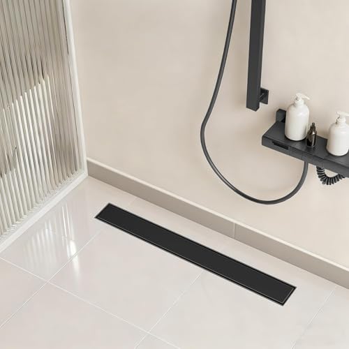 Linear Shower Drain - 18 Inch Matte Black, with Tile Insert Panels | AISI 304 Stainless Steel Shower Drain with Adjustable Feet, Hair Catcher, Rectangle Shower Floor Drain Fits Bathroom, Balcony - color: Matte Black, size: 18 Inch