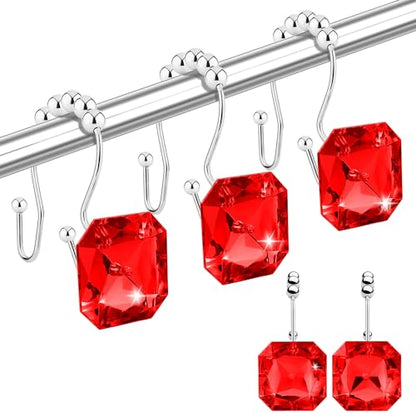 Shower Curtain Hooks Rings for Bathroom, 12PCS Double Hooks Glide Anti Rust Crystal Rhinestones Shower Curtain Rings Hangers for Shower Curtains, Clothing, Towels, etc. (Clear) (Red) - color: Red
