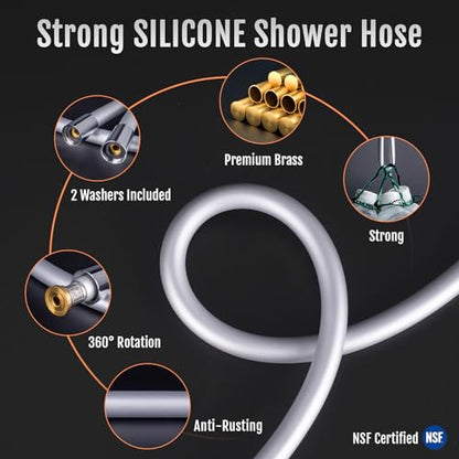 Shower Hose, Ultra-Soft Silicone Shower Hose Extension, Anti-Kink Designed Long Handheld Shower Head Hose Replacement with Brass Insert and Nut, 119 Inches, Silver - color: Silver, size: 119 Inches