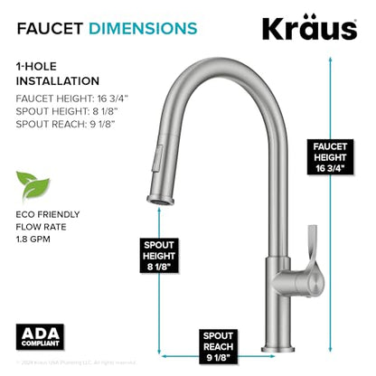 KRAUS Torak Pull Down Kitchen Faucet in Spot-Free Stainless Steel with 2 Function Sprayer, Pre-Attached Water Lines, and Mounting Hardware, KPF-2840SFS - color: Spot Free Stainless Steel, style: Pull-Down Faucet