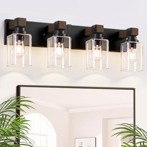 Farmhouse Black 4-Light Bathroom Vanity Light, Square Glass Shade | Vintage Rustic Design, Wood Grain Finish, Matte Black Metal, Wall Mount Over Mirror Lighting Fixtures for Bathroom Restroom - size: 4-Light