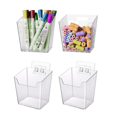 Clear Adhesive Wall Storage Bins, 4 Pack Cabinet Door Organizer Cups(Small) | Clear PET Hanging Wall Mount Pockets, Plastic Caddy for Shower Bathroom Makeup Office Craft Kitchen Sink RV Organization - size: Small
