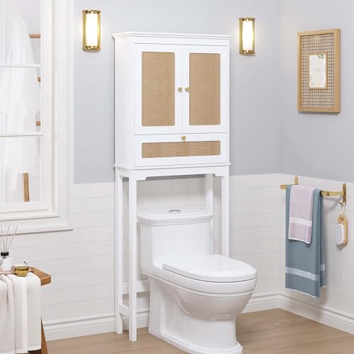Spirich Over the Toilet Storage Cabinet with Hand-Woven Rattan Doors, White | Tilt-Out Storage Cube, Adjustable Shelf, 33-Inch Toilet Clearance, Anti-Tip Bracket, Bathroom Organizer for Toiletries - style: Rectangular