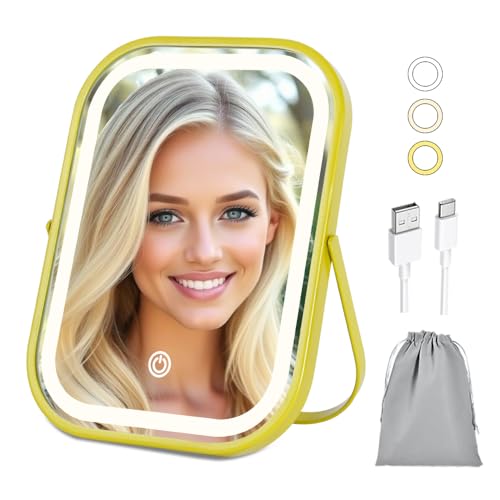 YEKKOPT Rechargeable Vanity Mirror with Lights, Lighted Makeup Mirror with Lights,Smart Touch Control Dimmable 3 Modes Light - color: Gold, size: 8"L x 6"W