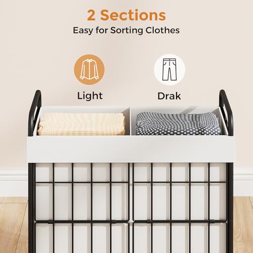 100L 2-Section Laundry Hamper with Wheels, Laundry Basket with Liner Bag | Lockable Casters; Divided Removable Liner; Reinforced Steel Frame; Metal Handle - color: White, size: 100L-2 Sections