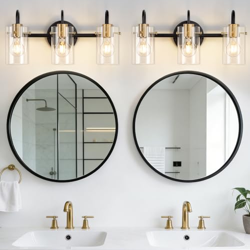 3 Light Bathroom Vanity Light, Black and Gold Bathroom Wall Light Fixtures with Clear Glass Shade, Modern Wall Sconces Wall Lamp Over Mirror Kitchen Living Room Bedroom Hallway Cabinet - color: Black Gold