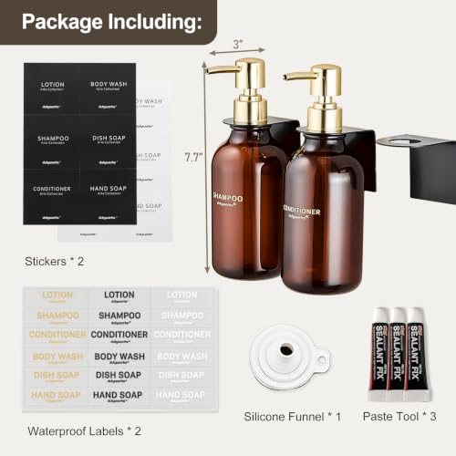 Amber Shampoo and Conditioner Dispenser Set of 3 | Gold Pumps, 16.9 oz Refillable Bottles, No-Drill Wall Mount, For Bathrooms, Hotels and Airbnbs - color: Dark Amber + Gold Pump