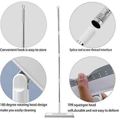 Multifunction Rubber Air Broom, Silicone Floor Squeegee with 56" Long Handle, Rubber Sweeper, Air Broom for Floor Bathroom Kitchen Shower Tile Pet Hair Fur Marble Glass Water Window Foam Clean (Grey) - color: Gray