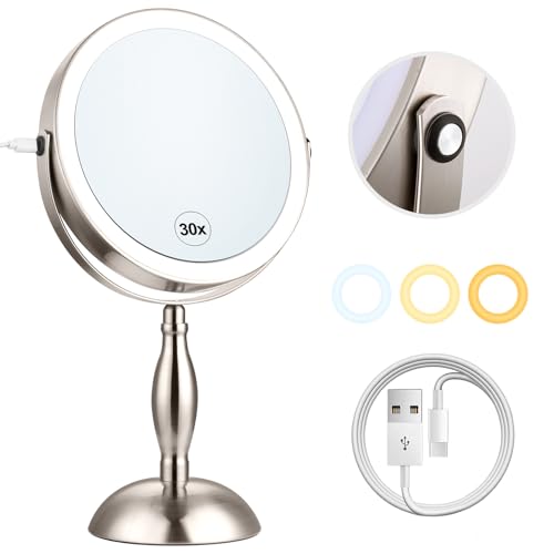 Makeup Mirror with Light - Brushed Nickel, 30x Makeup Mirror with 3 Colors | 5000mAh Vanity Mirror - 360° Rotation, Brightness Adjustable Magnification, Modern Style Side Touch + Side Charge - color: Brushed Nickel