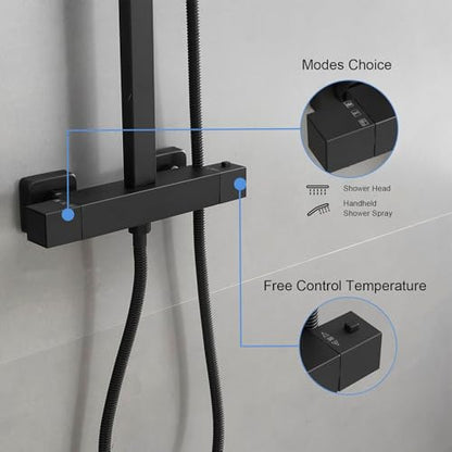 Matte Black Exposed Shower System 9 Inch Rainfall Shower Head | Handheld Spray Single Handle Center Wall Mount Bathroom Shower Faucet with Square Shower Head by Homevacious - color: Matte Black, style: 2-Function