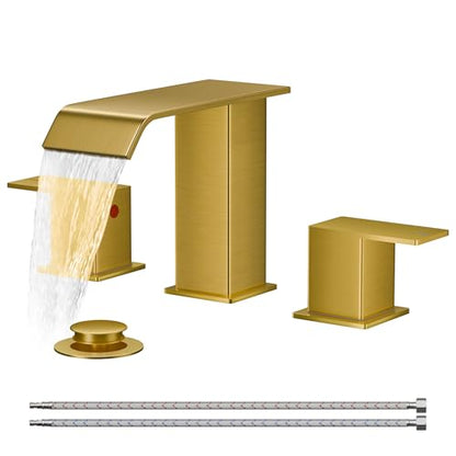 FORIOUS Brushed Gold Bathroom Sink Faucets 3 Hole Widespread Vanity Faucet | 3-hole 4-12 Inch Widespread Sink, Square Waterfall Spout, with Drain and Hoses,for Vanity Rv Commercial Lavatory Restroom - color: Brushed Gold