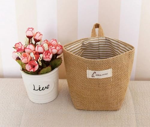 4 Pack Wall Hanging Storage Bags Hanging Storage Bags Cotton Linen Storage Basket Foldable Wall Hanging Basket Family Organizer Box Decorative Bag (Brown)3.93 * 3.93 * 5.31