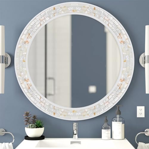 30 Inch Round Wall Mirror with White Frame for Bathroom Bedroom | Handcrafted Mother of Pearl Mosaic Inlay Frame, 3mm Tempered Glass, Coastal Seashell Decor - size: 30"L x 30"W