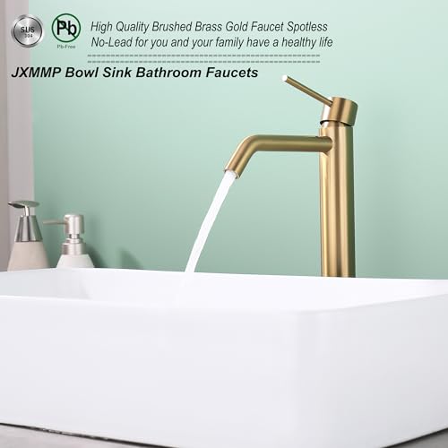 Brushed Brass Vessel Sink Faucet with Pop Up Drain and Supply Lines, Stainless Steel Brass Tall Bathroom Faucet Single Hole, JXMMP Gold Bathroom Faucet for Bowl Sink 1 Hole, JXM1001BTG - color: Brushed Brass, size: Tall Faucet