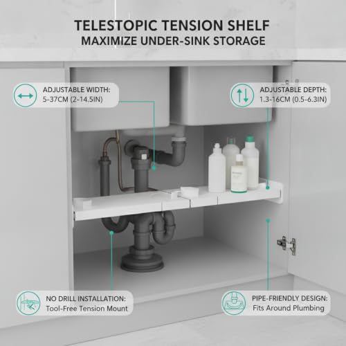 Adjustable Telescopic Tension Shelf for Under Sink Storage, No-Drill PP Plastic Cabinet Organizer Rack, White (1 Pack) - size: 3.94 x 1.97 x 1.97 in