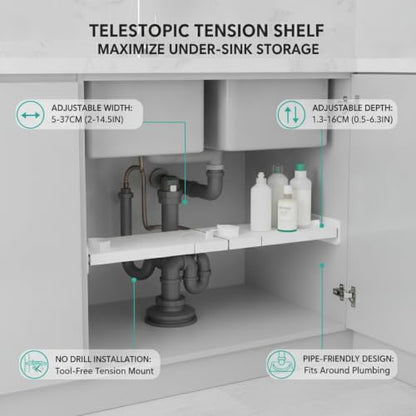 Adjustable Telescopic Tension Shelf for Under Sink Storage, No-Drill PP Plastic Cabinet Organizer Rack, White (1 Pack) - size: 3.94 x 1.97 x 1.97 in