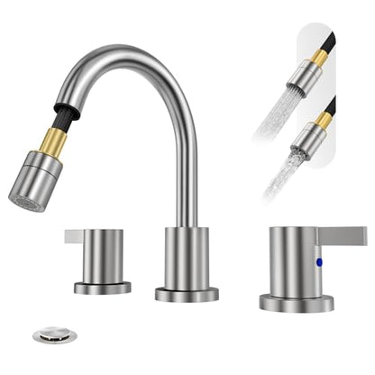 Pull Down Sprayer Brushed Nickel Widespread Bathroom Sink Faucet, 8 Inch 2 Handles 3 Hole Pull Out Bathroom Faucet,with Pop Up Drain and Water Supply Line,BF04022-K01-GBN - color: Brushed Nickel