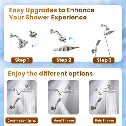 BRIGHT SHOWERS Rain Shower Head with Handheld Spray, 8 Inch Rainfall Shower Head Combo with 60" Hose, Adjustable Dual Square Showerhead Set with 3-Way Diverter, Wall Bracket, Brushed Nickel - color: Brushed Nickel, style: Dual Shower Head
