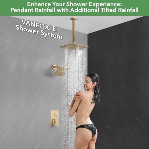 VANFOXLE Shower System Brushed Gold Shower Faucet Set, Push Button Diverter | 10 Inch Ceiling Mount Rain Head Increased Thick, 6 Inch Side Head, 2-in-1 Handheld Sprayer, Solid Brass Valve, Rust Resistant - color: Brushed Gold, style: 10"+6" Head
