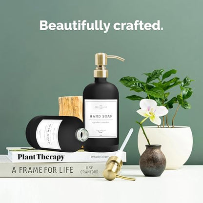 Vine Creations Black Glass Soap Dispenser, 2 Pack Kitchen Soap Dispenser Set with Stainless Steel Pump, 16 oz Dish Soap and Hand Soap Dispensers for Bathroom with Waterproof Labels - color: Matte Black Bottle / Brushed Brass Pump