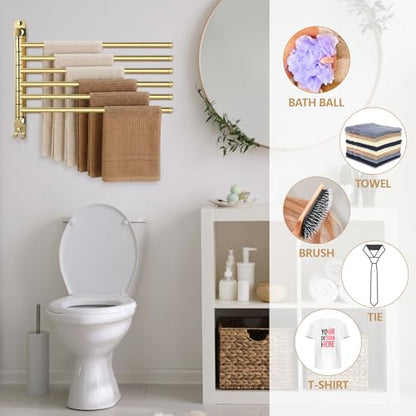 Teenyyou 16.5 Inches Swivel Towel Rack 304 Stainless Steel 6 Arms Bathroom Towel Rack Hanger Pool Holder Wall Mounted Swivel Bar Space Saving with Hook(Gold) - color: Gold, size: 16.5 Inches, style: 6 Arms