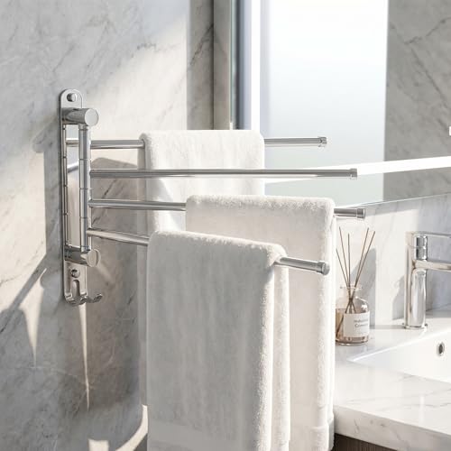 Swivel Towel Rack Wall Mounted, 1/2/3/4-Bar Options, 12.8" Long Arm SUS304 Stainless Steel, No Drill Adhesive 180° Rotating, Heavy Duty Rustproof Towel Bar for Bathroom Kitchen (Holds 30 lbs) - color: 4-bar