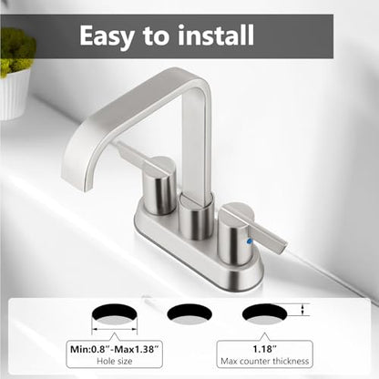 Brushed Nickel Waterfall Bathroom Faucet 4 Inch Centerset,2-Handle | Stainless Steel 3-Hole Deck-Mount Design Includes Supply Lines and Pop-Up Drain for a Complete Vanity Installation - color: Brushed Nickel