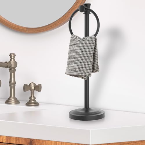 Hoimpro Hand Towel Holder Free Standing Towel Bar Matte Black | Hanging Floor Hand Towel Rack Ring, for Bathroom Kitchen Vanity Countertops, Hardware Accessories SUS 304 Heavy-Duty Base - color: Black