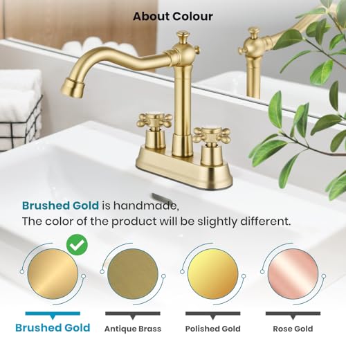 gotonovo 4 Inch Centerset Bathroom Faucet 2 Cross Handles Deck Mount 2 Hole Lavatory Vanity Utility Mixer Tap with Water Supply Hoses and Pop Up Drain RV Farmhouse, Brushed Gold - color: Brushed Gold