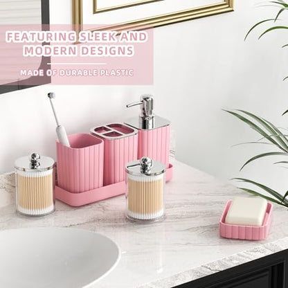 XLHOMO Bathroom Accessory Set - Gorgeous Bathroom Set, 7PC Pink Bathroom Set, Soap Dispenser, Toothbrush Holder, Qtip Holder, Bathroom Sets Complete, Bathroom Sink Set for Home Decor - style: Pink&Silver