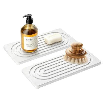 2 PCS Water Absorbing Stone Tray, Quick Drying Diatomite Sink Tray, Non-Slip Drying Mat for Bathroom Vanity & Kitchen Counter, Soap Dispenser Sponge Holder Organizer, White 8.3x4 Inch (White) - color: White