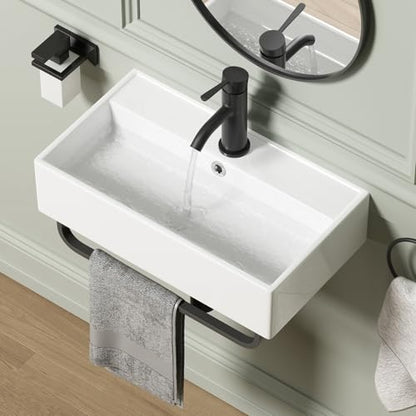 Wall Mount Rectangular Vessel Sink with Towel Rack, QISHKA 21.5"x12.5" Modern Ceramic Bathroom Floating Sink, White Rectangle Vanity Sink with Overflow, Wall Hung Wash Hand Basin - size: 21.5" x 12.5" x 5.1"