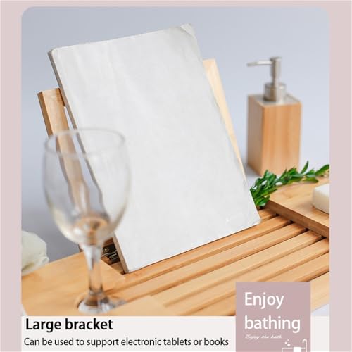 Expandable Bamboo Bathtub Tray with Book Stand, Bathtub Shelf with Wine Glass Holder and Grooves, Adjustable Bath Caddy for Tub Relaxation, Great Bath Caddy for Home Spa