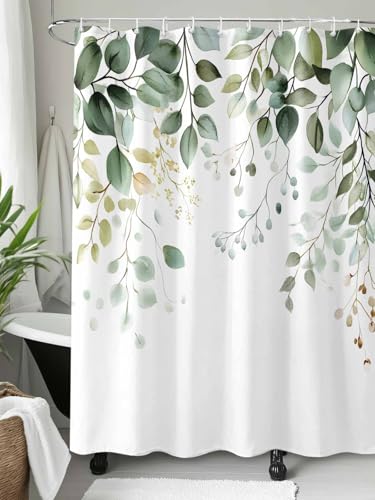 Waterproof Fabric Shower Curtain Green Eucalyptus Spring Botanical Leaves Shower Curtains for Bathroom, Quick-Drying, Machine Washable 72x72 Inch