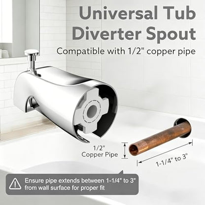 Universal Bathtub Tub Spout with Diverter,Fits 1/2" Copper Piper (5/8" Diameter) Connection, Pull Down Bathroom Tub Faucet Replacement with Adapters,Easy Installation (Chrome)