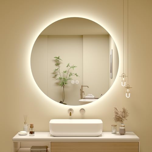 SMIROR 28 inch Round Led Backlit Lighted Bathroom Mirror for Wall | Circle Vanity Mirror with Lights, Anti-Fog, 3 Colors, Dimmable, Memory, Tempered Glass, Wall- Mounted - size: 28"L x 28"W